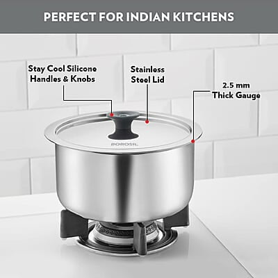 Borosil Cookfresh Tri-ply Stainless Steel Tope with Lid, Induction Friendly, 2.2 L, 18 cm Dia Borosil Cookfresh Tri-ply Stainless Steel Tope with Lid, Induction Friendly, 2.2 L, 18 cm Dia