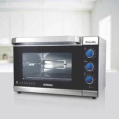 Borosil Prima 48 L Oven Toaster & Grill, Motorised Rotisserie & Convection Heating, 6 Heating Modes, Silver Borosil Prima 48 L Oven Toaster & Grill, Motorised Rotisserie & Convection Heating, 6 Heating Modes, Silver