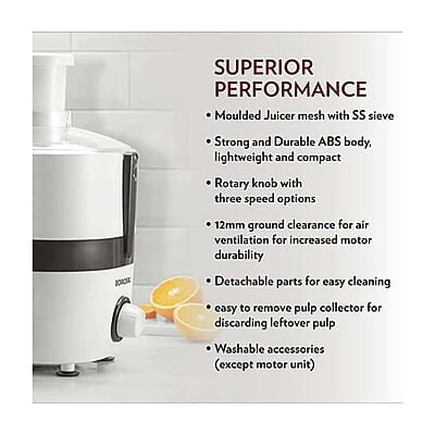 Borosil Primus III Juicer, 500 W, Stainless Steel Centrifugal Juicer, 1.1 L Juice Jug, 64 mm Feed Chute Borosil Primus III Juicer, 500 W, Stainless Steel Centrifugal Juicer, 1.1 L Juice Jug, 64 mm Feed Chute