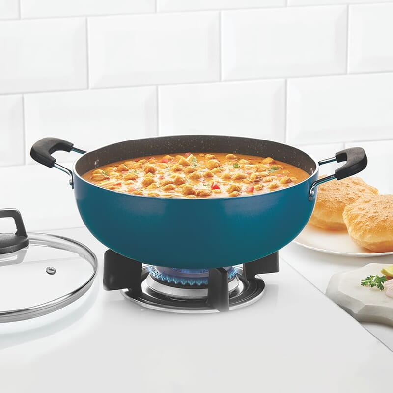 Borosil ProChef Non-Stick Aluminum Kadhai with Lid 24 cm | Gas Stove Compatible, Thick Uniform Body for Even Heating, Dishwasher Safe | 5 Layer Nonstick Coating, PFOA Free | 1 Year Warranty | Blue Borosil ProChef Non-Stick Aluminum Kadhai with Lid 24 cm | Gas Stove Compatible, Thick Uniform Body for Even Heating, Dishwasher Safe | 5 Layer Nonstick Coating, PFOA Free | 1 Year Warranty | Blue