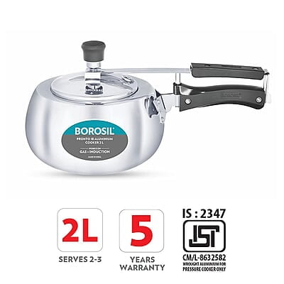 Borosil Pronto Induction Base Inner Lid Aluminium Pressure Cooker, 3.6 mm Thick Base, 2 L, Silver
