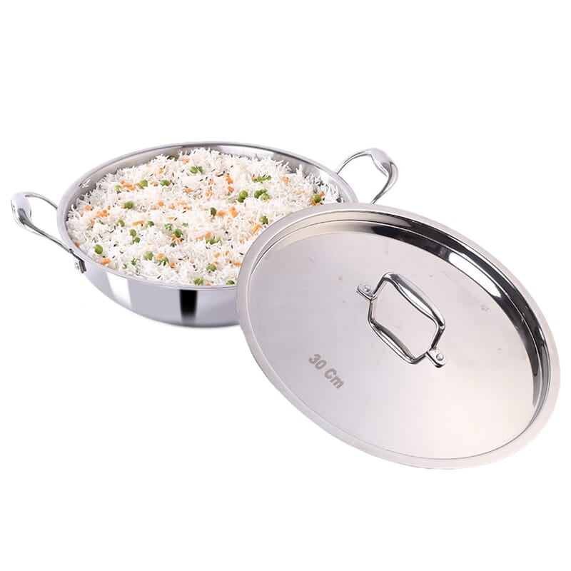 Wonderchef Nigella Tri-ply Stainless Steel 30 cm Kadhai with Lid 4.6 Litre 2.6mm Thickness Wonderchef Nigella Tri-ply Stainless Steel 30 cm Kadhai with Lid 4.6 Litre 2.6mm Thickness