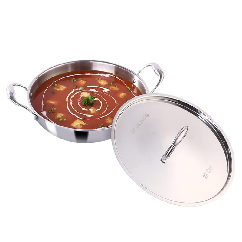 Wonderchef Nigella Tri-Ply Stainless Steel 28cm Kadhai with Lid 4.1 Litres 2.6mm Thickness Wonderchef Nigella Tri-Ply Stainless Steel 28cm Kadhai with Lid 4.1 Litres 2.6mm Thickness