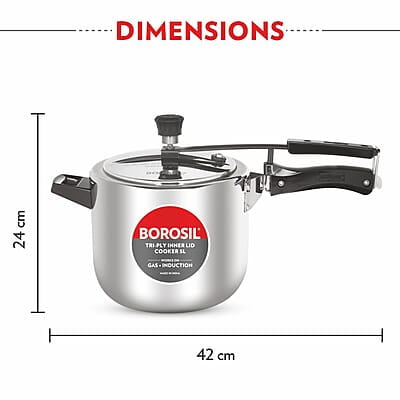 Borosil Triply Induction Base Inner Lid Stainless Steel Pressure Cooker, 5 L Borosil Triply Induction Base Inner Lid Stainless Steel Pressure Cooker, 5 L