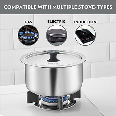 Borosil Cookfresh Tri-ply Stainless Steel Tope with Lid, Induction Friendly, 1 L, 14 cm Dia Borosil Cookfresh Tri-ply Stainless Steel Tope with Lid, Induction Friendly, 1 L, 14 cm Dia