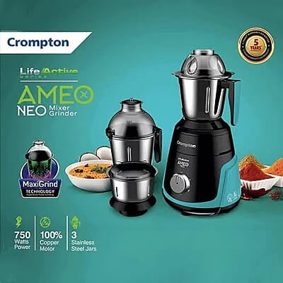 Crompton Ameo Neo 750 Watt Mixer Grinder with MaxiGrind and Motor Vent-X Technology Crompton Ameo Neo 750 Watt Mixer Grinder with MaxiGrind and Motor Vent-X Technology