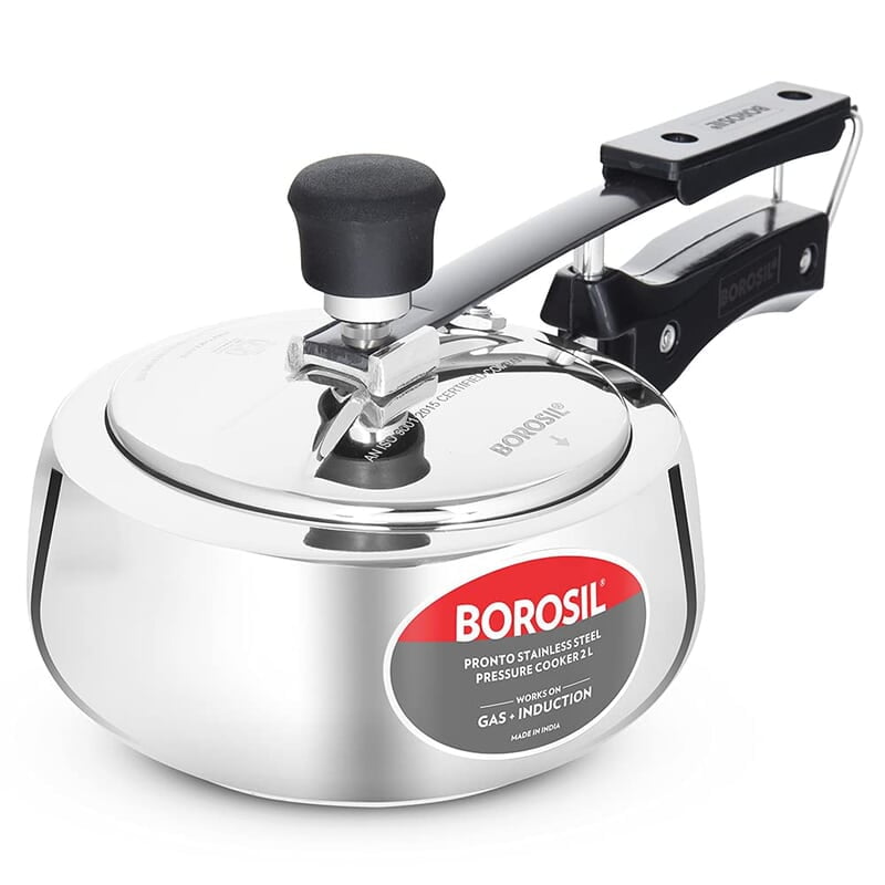 Borosil Pronto Induction Base Inner Lid Stainless Steel Pressure Cooker, 6.8 mm Thick Base, 2 L Borosil Pronto Induction Base Inner Lid Stainless Steel Pressure Cooker, 6.8 mm Thick Base, 2 L
