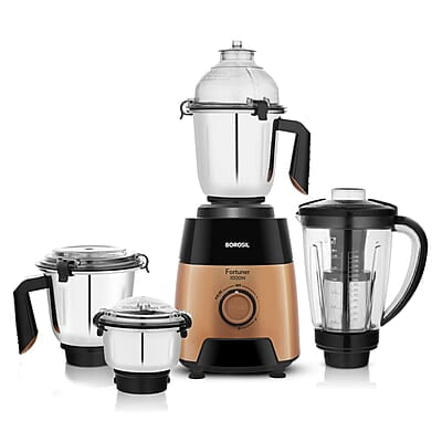 Borosil Fortuner Mixer Grinder Blender Juicer, Copper Motor, For Wet/Dry Mixing & Grinding, Blending Smoothies & Juicing Fruits 1000 Watts, 4 Jars (0.4L+1L+1.2L) (1.5L+1.5L+1.2L+0.4L) Borosil Fortuner Mixer Grinder Blender Juicer, Copper Motor, For Wet/Dry Mixing & Grinding, Blending Smoothies & Juicing Fruits 1000 Watts, 4 Jars (0.4L+1L+1.2L) (1.5L+1.5L+1.2L+0.4L)