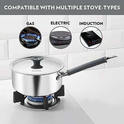 Borosil Cookfresh Tri-ply Stainless Steel Sauce Pan with Lid, Induction Friendly Tea Pan, 2.2 L, 18 cm Dia Borosil Cookfresh Tri-ply Stainless Steel Sauce Pan with Lid, Induction Friendly Tea Pan, 2.2 L, 18 cm Dia