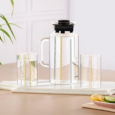 Borosil Artisan Series Sintra 1000ml Multipurpose Jug with 2 pc Medium (295 ml) Glass Set | 100% Borosilicate, Fridge & Freezer, Dishwasher Safe | Glass Jug with Tumbler | Transparent Borosil Artisan Series Sintra 1000ml Multipurpose Jug with 2 pc Medium (295 ml) Glass Set | 100% Borosilicate, Fridge & Freezer, Dishwasher Safe | Glass Jug with Tumbler | Transparent