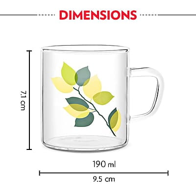 Borosil Vision Green Leaves Tea n Coffee Classic Mug Set of 6 Pcs 190 ml | Borosillicate Glass, Microwave Safe, Scratch Resistance, Lightweight | for Chai, Green Tea, Milk | Transparent