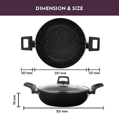 Borosil Granito Non-Stick Kadhai with Glass Lid, Induction Friendly, Granite Finish, PFOA-Free, 26 cm Diameter