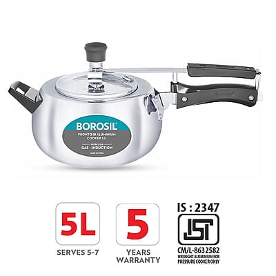 Borosil Pronto Induction Base Inner Lid Aluminium Pressure Cooker, 3.6 mm Thick Base, 5 L, Silver Borosil Pronto Induction Base Inner Lid Aluminium Pressure Cooker, 3.6 mm Thick Base, 5 L, Silver