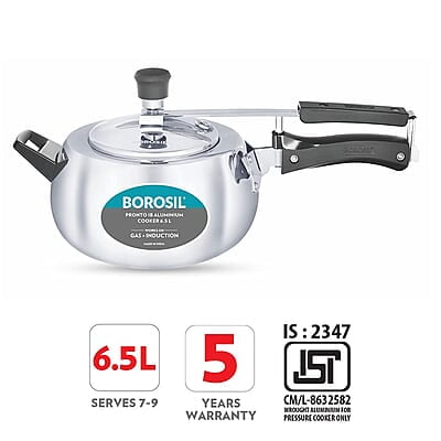Borosil Pronto Induction Base Inner Lid Aluminium Pressure Cooker, 3.6 mm Thick Base, 6.5 L, Silver Borosil Pronto Induction Base Inner Lid Aluminium Pressure Cooker, 3.6 mm Thick Base, 6.5 L, Silver