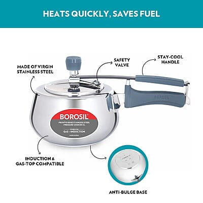 Borosil Pronto Edge Induction Base Inner Lid Stainless Steel Pressure Cooker, 5 L Borosil Pronto Edge Induction Base Inner Lid Stainless Steel Pressure Cooker, 5 L