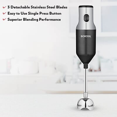 Borosil Masterblend Hand Blender, Electric Hand Blender, Single Speed Option, Stainless Steel Blades, For Whisking, Blending & Whipping, 250 W, Black Borosil Masterblend Hand Blender, Electric Hand Blender, Single Speed Option, Stainless Steel Blades, For Whisking, Blending & Whipping, 250 W, Black