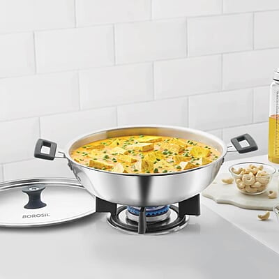 Borosil Cookfresh Tri-ply Stainless Steel Kadhai with Lid, Induction Friendly, 4 L, 28 cm Dia