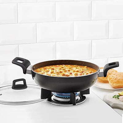 Borosil Granito Non-Stick Kadhai with Glass Lid, Induction Friendly, Granite Finish, PFOA-Free, 28 cm Diameter