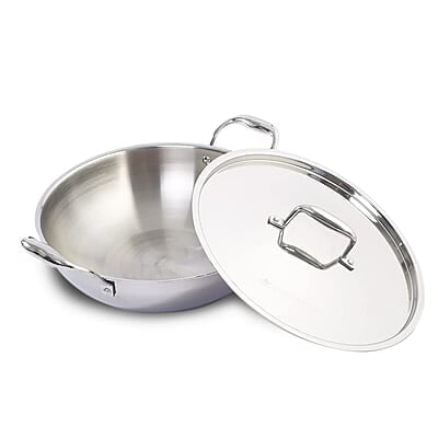 Wonderchef Nigella Tri-ply Stainless Steel 20 cm Kadhai with Lid 1.5 Litre 2.6mm Thickness Wonderchef Nigella Tri-ply Stainless Steel 20 cm Kadhai with Lid 1.5 Litre 2.6mm Thickness