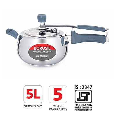 Borosil Pronto Edge Induction Base Inner Lid Stainless Steel Pressure Cooker, 5 L Borosil Pronto Edge Induction Base Inner Lid Stainless Steel Pressure Cooker, 5 L