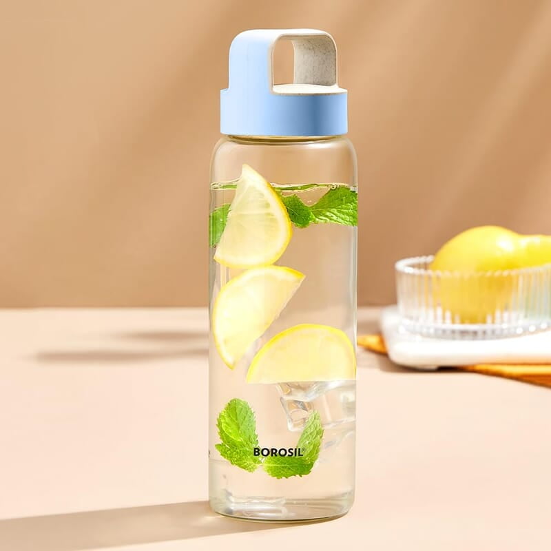 Borosil Crysto Wide Mouth Glass Water Bottle with Blue Lid | 750ml, Borosilicate Glass, Leakproof, Easy to Carry, Fridge & Dishwasher Safe | Can Use For, Lassi, Juice, Smoothies Borosil Crysto Wide Mouth Glass Water Bottle with Blue Lid | 750ml, Borosilicate Glass, Leakproof, Easy to Carry, Fridge & Dishwasher Safe | Can Use For, Lassi, Juice, Smoothies