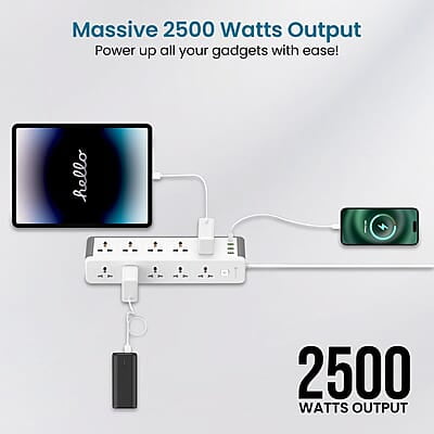 Portronics Power Plate 14 Extension Board with 10 Universal Sockets, 25W Type-C PD, 3 USB Charging Ports, 3 Meter Long Cord, 2500 Watts Portronics Power Plate 14 Extension Board with 10 Universal Sockets, 25W Type-C PD, 3 USB Charging Ports, 3 Meter Long Cord, 2500 Watts
