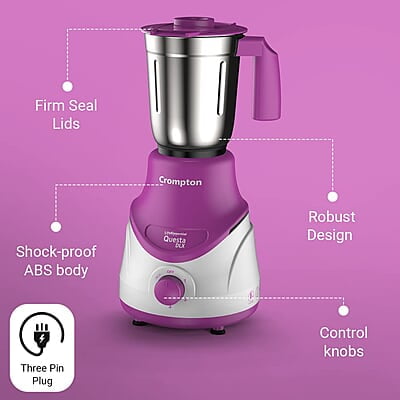Crompton QUESTA DLX Mixer Grinder 100% Copper Motor & Motor Vent-X Technology (3 Stainless Steel Jars, Lavender) Crompton QUESTA DLX Mixer Grinder 100% Copper Motor & Motor Vent-X Technology (3 Stainless Steel Jars, Lavender)
