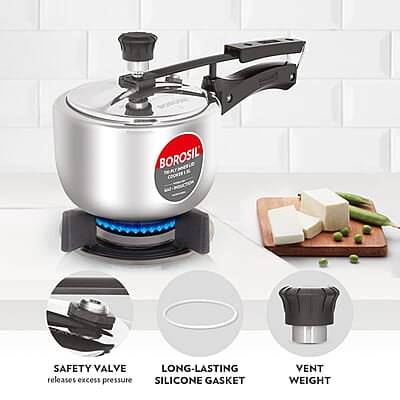 Borosil Triply Induction Base Inner Lid Stainless Steel Pressure Cooker, 1.5 L Borosil Triply Induction Base Inner Lid Stainless Steel Pressure Cooker, 1.5 L