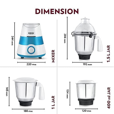 Borosil Supermax Mixer Grinder, For Wet/Dry Mixing & Grinding, 750 Watts, 3 Stainless Steel Jars(1.5 L Blending Jar, 1 L Dry/Wet Grinder, 400 ml Chutney Jar), Mixie For Kitchen, Blue Borosil Supermax Mixer Grinder, For Wet/Dry Mixing & Grinding, 750 Watts, 3 Stainless Steel Jars(1.5 L Blending Jar, 1 L Dry/Wet Grinder, 400 ml Chutney Jar), Mixie For Kitchen, Blue