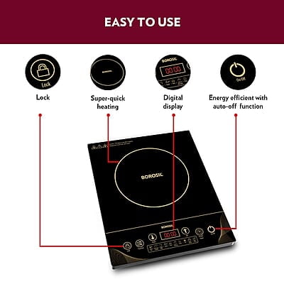 Borosil Smartkook-TC14 Electric Induction Cooktop, Glass Surface, Energy Saving, Flame-free Cooking, Black, 2000W Borosil Smartkook-TC14 Electric Induction Cooktop, Glass Surface, Energy Saving, Flame-free Cooking, Black, 2000W