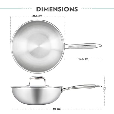 Borosil 1.75 L Cookfresh Tri-ply Stainless Steel Wok with Lid | 20 Cm Kadhai for Deep Fry Borosil 1.75 L Cookfresh Tri-ply Stainless Steel Wok with Lid | 20 Cm Kadhai for Deep Fry