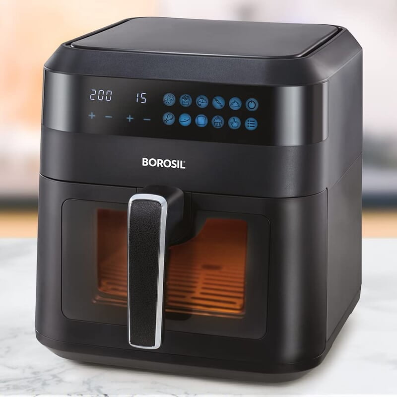 Borosil Digital Air Fryer 4.7 L Capacity with Digital Display | 10 Menu Mode For Home Kitchen | 8 in 1 Function | Air Fryer for Bake, Grill, Roast, Reheat etc. | 90% Less Oil | 1300 Watt