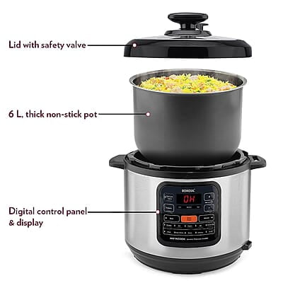 Borosil Instacook 6 L Electric Stainless Steel Pressure Cooker | 12 Digitized Indian Cooking Programs | 15 Hour Delay Timer | One Touch Instat Cooking | Idli Maker, Rice Cooker | 2 Year Warranty Borosil Instacook 6 L Electric Stainless Steel Pressure Cooker | 12 Digitized Indian Cooking Programs | 15 Hour Delay Timer | One Touch Instat Cooking | Idli Maker, Rice Cooker | 2 Year Warranty