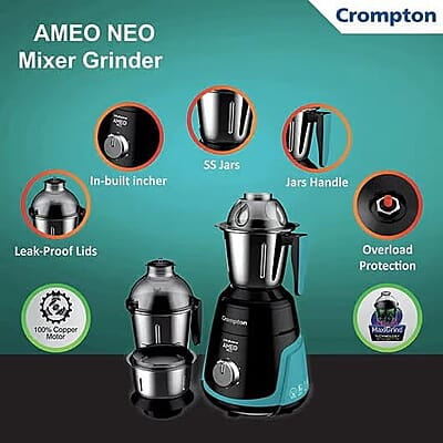 Crompton Ameo Neo 750 Watt Mixer Grinder with MaxiGrind and Motor Vent-X Technology Crompton Ameo Neo 750 Watt Mixer Grinder with MaxiGrind and Motor Vent-X Technology
