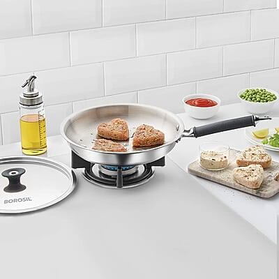 Borosil Cookfresh Tri-ply Stainless Fry Pan with Lid, Induction Friendly, 1.3 L, 20 cm Dia