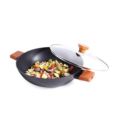 Wonderchef Caesar Forged Virgin Aluminium Kadhai with Glass Lid, 28cm, Black, Greblon C3
