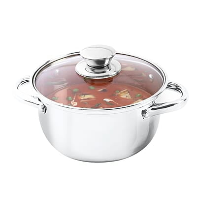 Wonderchef Nigella Stainless Steel Casserole with Lid Curved Body Glass Lid with Steam Vent 16cm