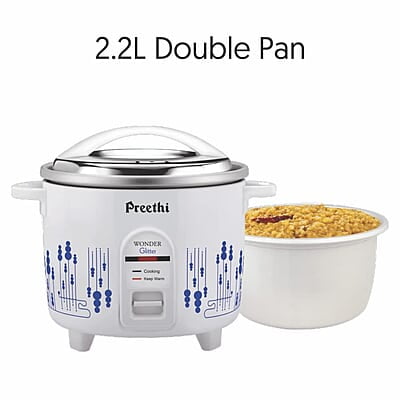 Preethi Glitter Electric Cooker, 2.2 Liters with Double Pan – White & Blue
