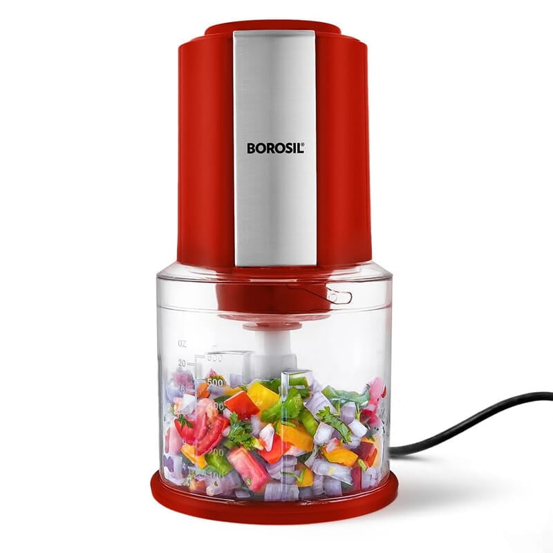 Borosil Chef Delite 300 Watts Electric Chopper for Kitchen, Twin Blade Technology, 600 ml 'chop-n-store' plastic bowl with lid, Vegetable Chopper, Cutter, Chop, Mince, Dice, Whisk, Blend, Red Borosil Chef Delite 300 Watts Electric Chopper for Kitchen, Twin Blade Technology, 600 ml 'chop-n-store' plastic bowl with lid, Vegetable Chopper, Cutter, Chop, Mince, Dice, Whisk, Blend, Red