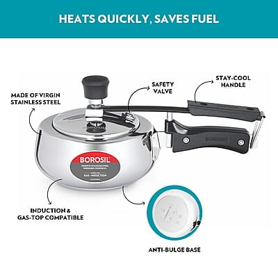 Borosil Pronto Induction Base Inner Lid Stainless Steel Pressure Cooker, 6.8 mm Thick Base, 2 L Borosil Pronto Induction Base Inner Lid Stainless Steel Pressure Cooker, 6.8 mm Thick Base, 2 L