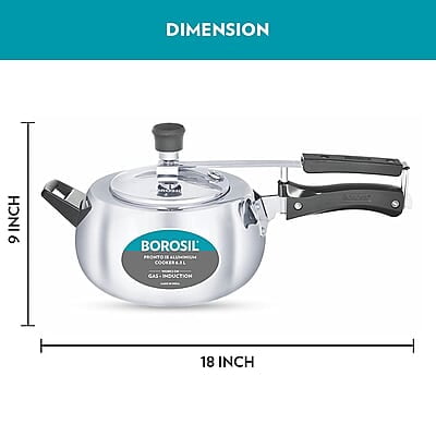 Borosil Pronto Induction Base Inner Lid Aluminium Pressure Cooker, 3.6 mm Thick Base, 6.5 L, Silver Borosil Pronto Induction Base Inner Lid Aluminium Pressure Cooker, 3.6 mm Thick Base, 6.5 L, Silver