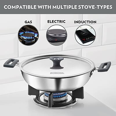 Borosil Cookfresh Tri-ply Stainless Steel Kadhai with Lid, Induction Friendly, 4 L, 28 cm Dia Borosil Cookfresh Tri-ply Stainless Steel Kadhai with Lid, Induction Friendly, 4 L, 28 cm Dia