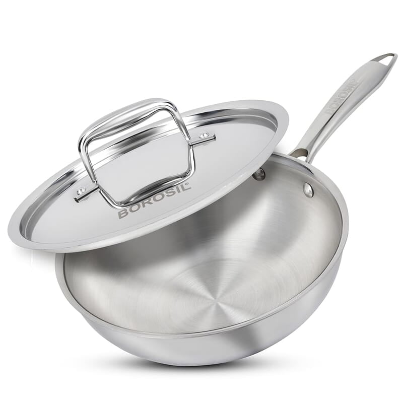 Borosil 1.75 L Cookfresh Tri-ply Stainless Steel Wok with Lid | 20 Cm Kadhai for Deep Fry Borosil 1.75 L Cookfresh Tri-ply Stainless Steel Wok with Lid | 20 Cm Kadhai for Deep Fry