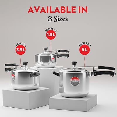 Borosil Triply Induction Base Inner Lid Stainless Steel Pressure Cooker, 1.5 L Borosil Triply Induction Base Inner Lid Stainless Steel Pressure Cooker, 1.5 L