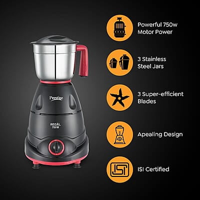 Prestige Regal 750W Mixer Grinder with 3 stainless-steel Jars Prestige Regal 750W Mixer Grinder with 3 stainless-steel Jars