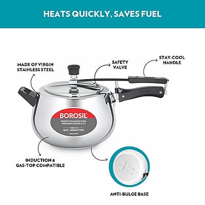 Borosil Pronto Induction Base Inner Lid Stainless Steel Pressure Cooker, 6.8 mm Thick Base, 6.5 L Borosil Pronto Induction Base Inner Lid Stainless Steel Pressure Cooker, 6.8 mm Thick Base, 6.5 L