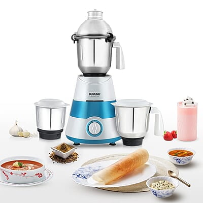 Borosil Supermax Mixer Grinder, For Wet/Dry Mixing & Grinding, 750 Watts, 3 Stainless Steel Jars(1.5 L Blending Jar, 1 L Dry/Wet Grinder, 400 ml Chutney Jar), Mixie For Kitchen, Blue