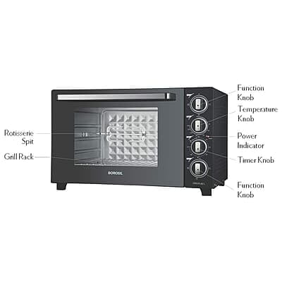 Borosil Prima 60 L Oven Toaster & Grill, Motorised Rotisserie & Convection Heating, 12 Heating Modes, Black Borosil Prima 60 L Oven Toaster & Grill, Motorised Rotisserie & Convection Heating, 12 Heating Modes, Black