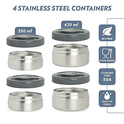 Borosil Hot-N-Fresh Prime Stainless Steel Insulated Lunch Box, Keeps food warm upto 8 Hours, Set of 4 (2 pcs 420 ml + 2 Pcs 350 ml), Grey