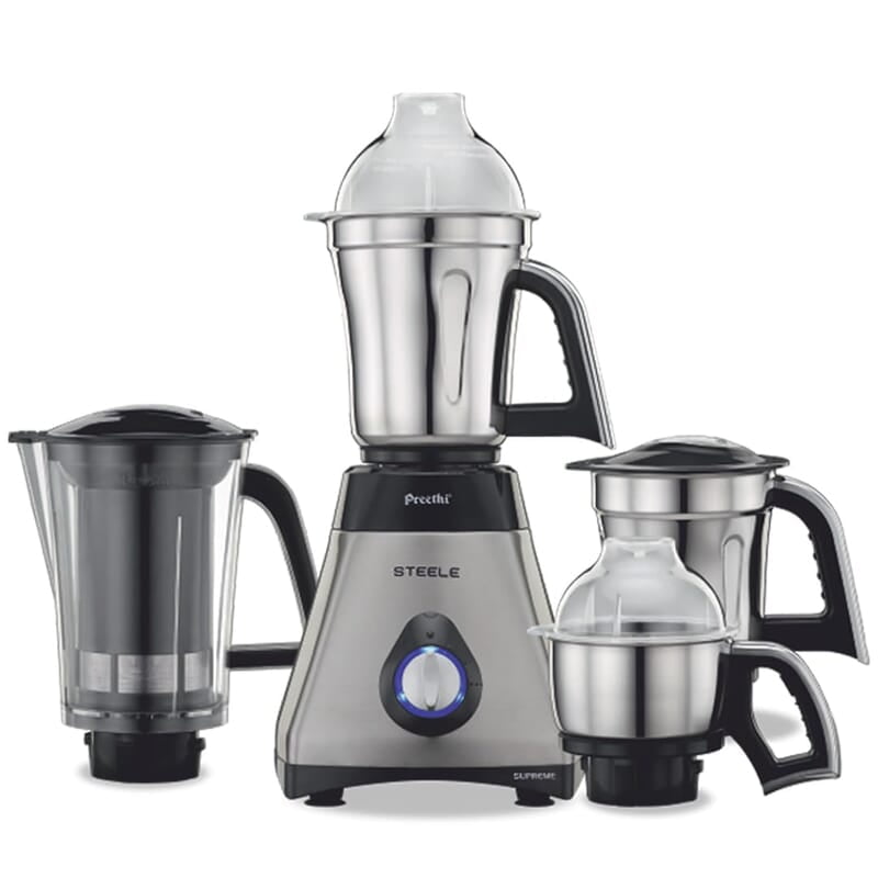 Preethi Steel Supreme MG-208 mixer grinder, 750 watt (Silver/ Black), 4 jars - Super Extractor juicer Jar, Vega W5 Preethi Steel Supreme MG-208 mixer grinder, 750 watt (Silver/ Black), 4 jars - Super Extractor juicer Jar, Vega W5
